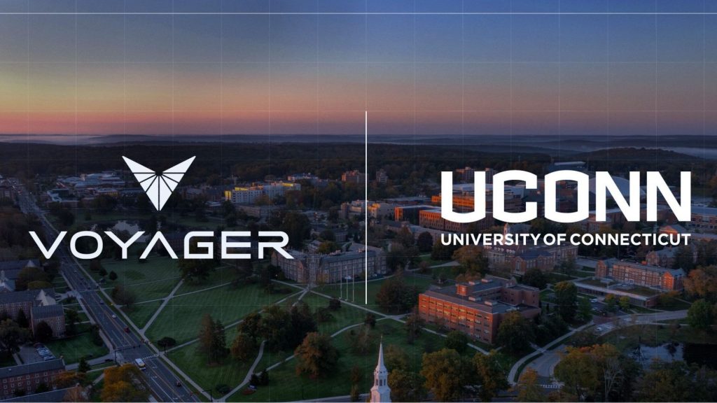 Voyager and UConn logos over an aerial image of the UConn Storrs campus.
