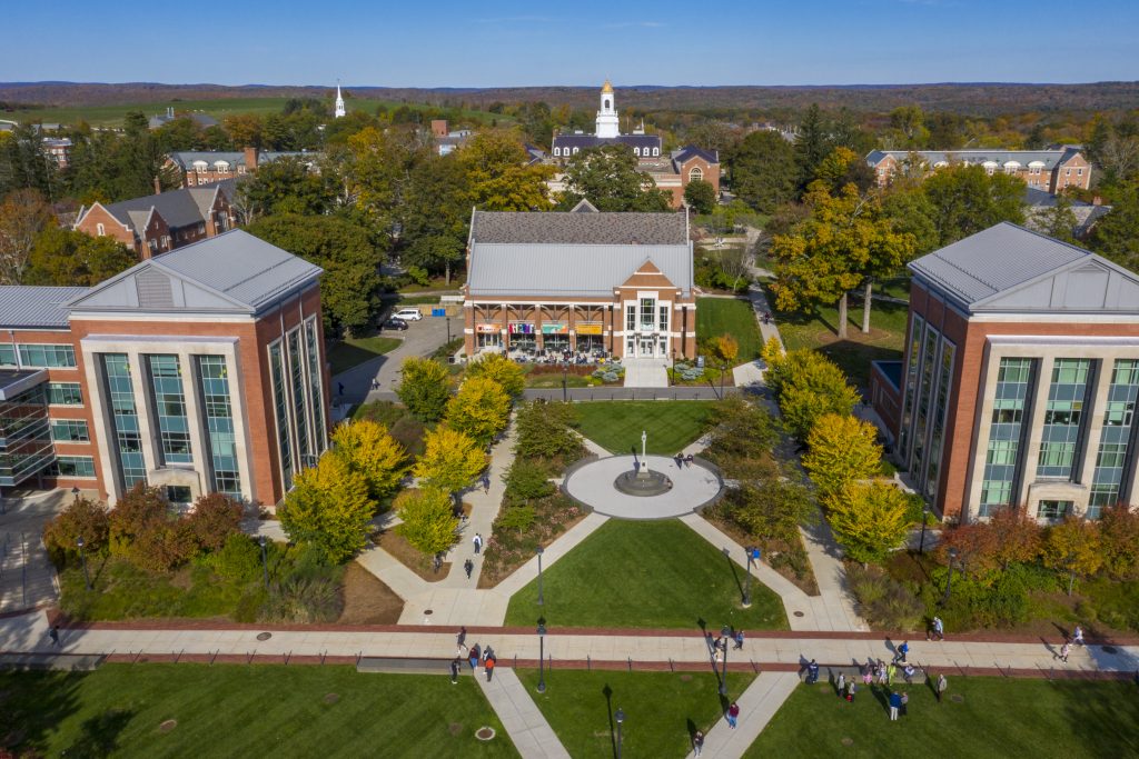 An aerial view of the Student Union Mall at the University of Connecticut, showing the central campus area from above.