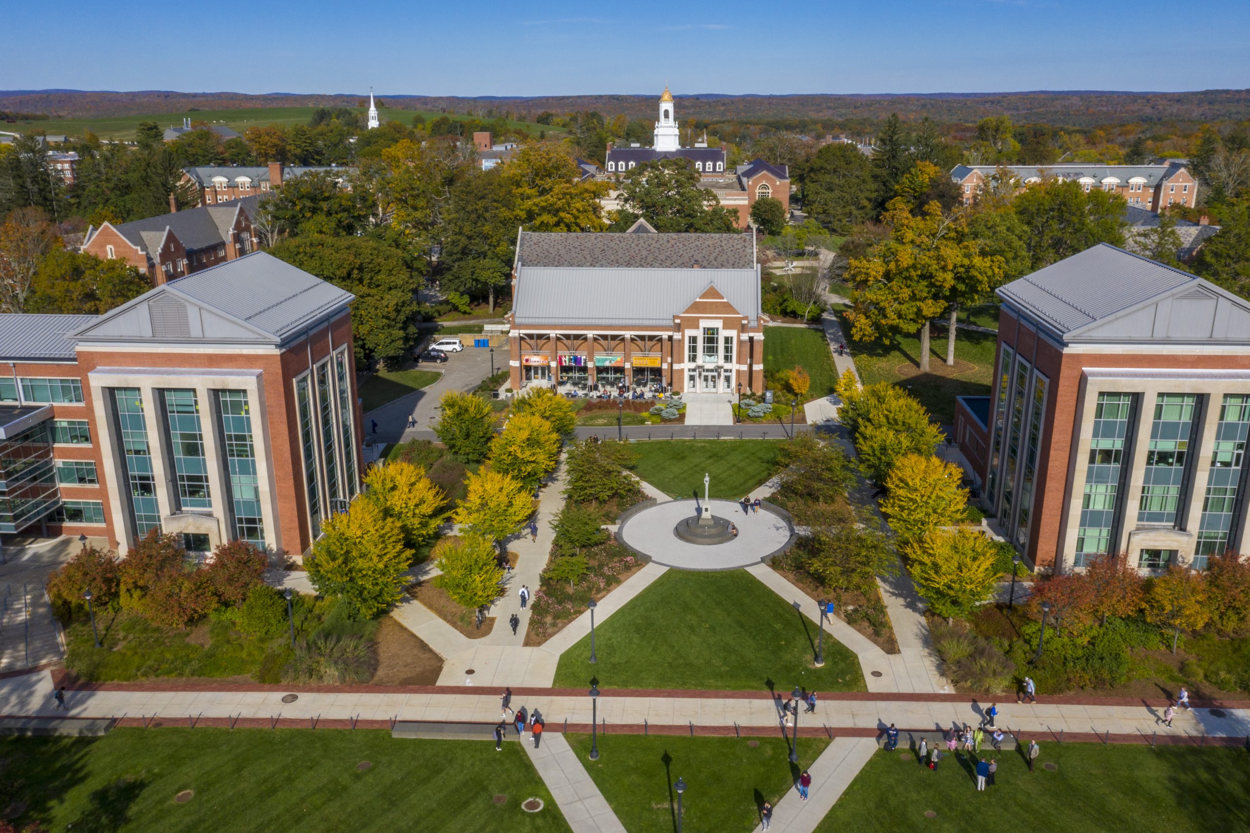 An aerial view of the Student Union Mall at the University of Connecticut, showing the central campus area from above.