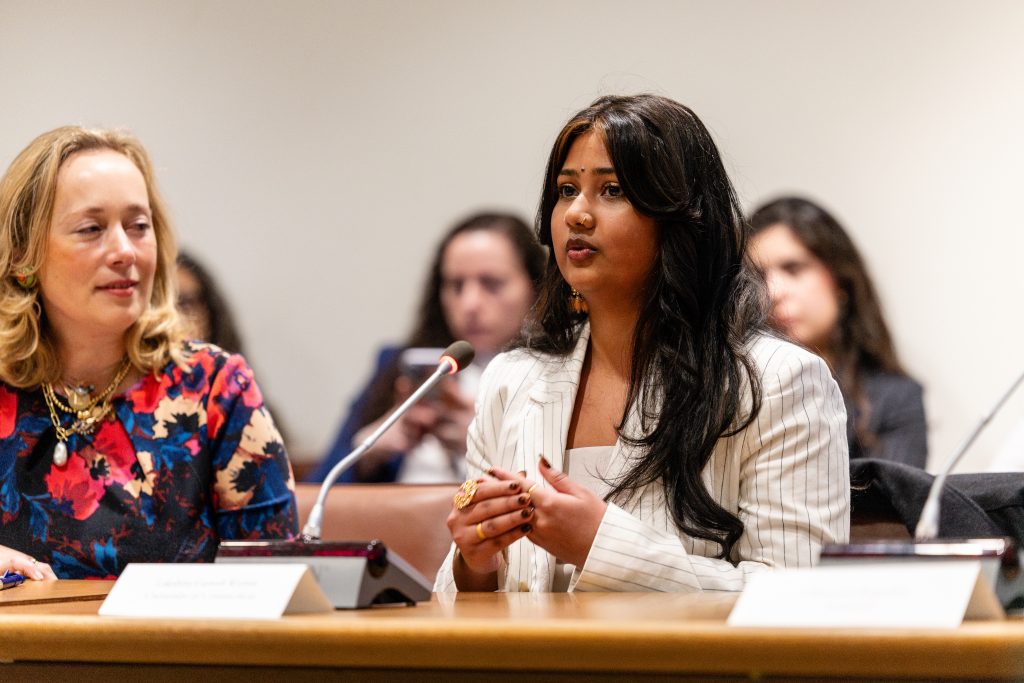Lakshita Ganesh Kumar speaking at the UN PRME Commission on the Status of Women Panel event “Investing in Her Innovation: Financing the Next Generation of Women Leaders”.