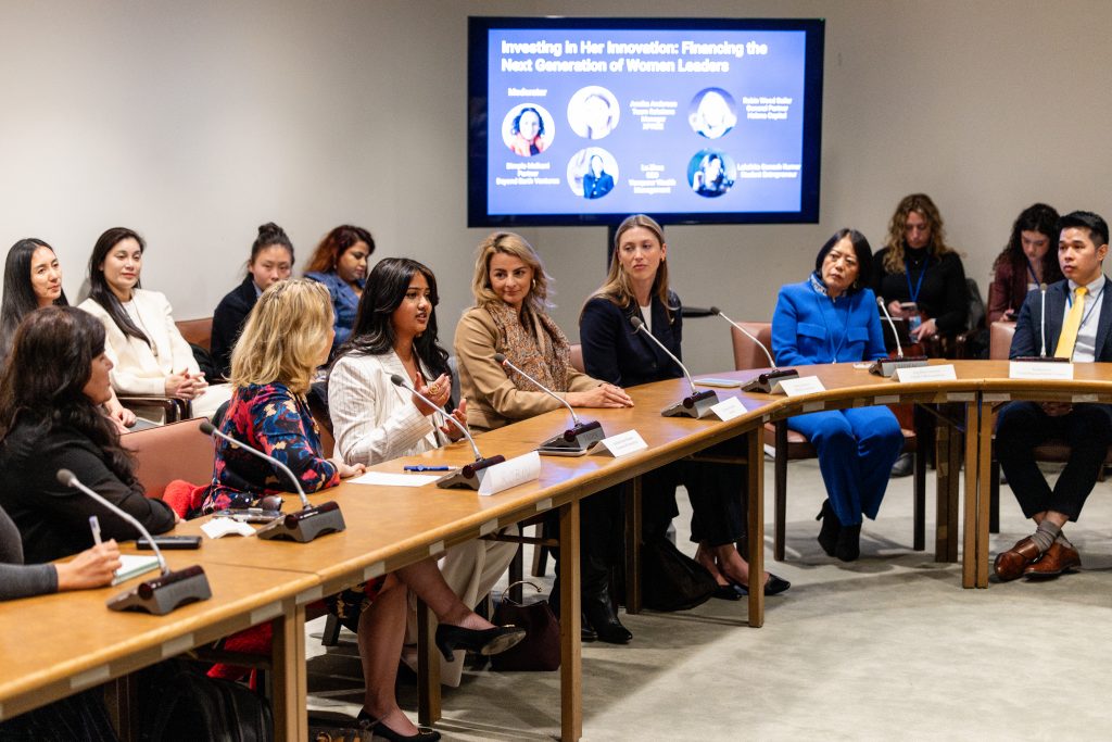 UN PRME Commission on the Status of Women Panel event “Investing in Her Innovation: Financing the Next Generation of Women Leaders” with panelists Lu Zhou (Vanquour Wealth Management), Annika Anderson (XPRIZE Healthspan), Robin Wood Sailer (Helena Capital), Lakshita Ganesh Kumar (University of Connecticut) and moderator Jessica Dow (PWC)