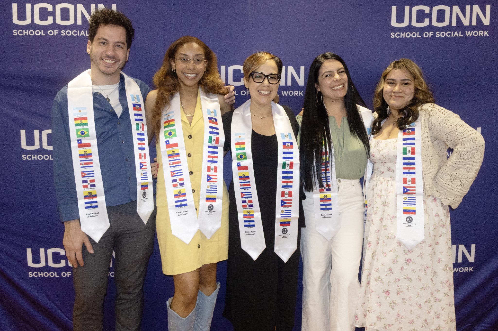 Lucas Amestoy ’26 MSW, Jashleen Abreu Flores ’26 MSW, Glendaly Bermudez ’26 MSW, Jeimy Tiga Segura ’26 MSW, and Alejandra Vazquez ’26 MSW enjoy the graduation reception.